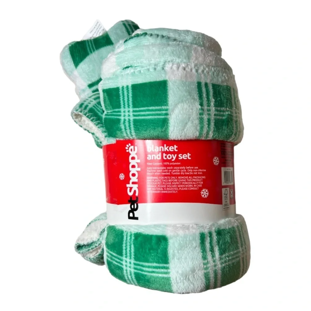 NWT Pet Shoppe Green and White Blanket & Toy Bone with Squeaker Set